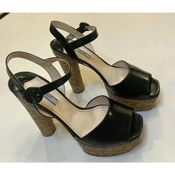 Prada Platform Sandals Wicker Black Patent Leather High Heels Pumps EU 40 US 10 - Picture 4 of 16